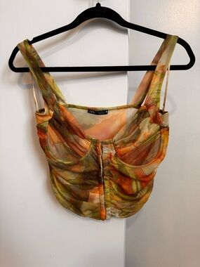 Zara Orange Green Printed Ruched Crop Top